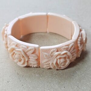 Vtg Peach Carved Mold Celluloid Early Plastic Rose Floral Stretch Panel Bracelet
